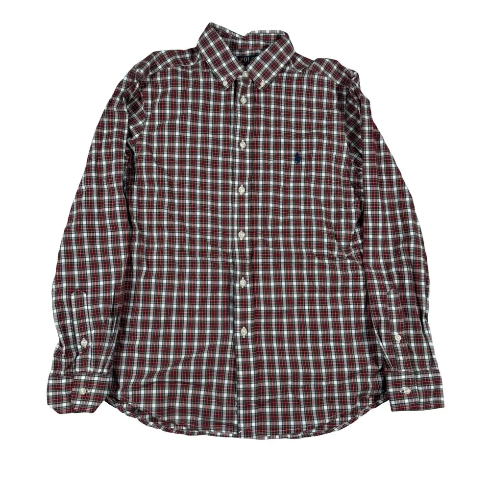 Polo Ralph Lauren Button Down Shirt Boys L 14-16 Red Plaid Natural Stretch Pony